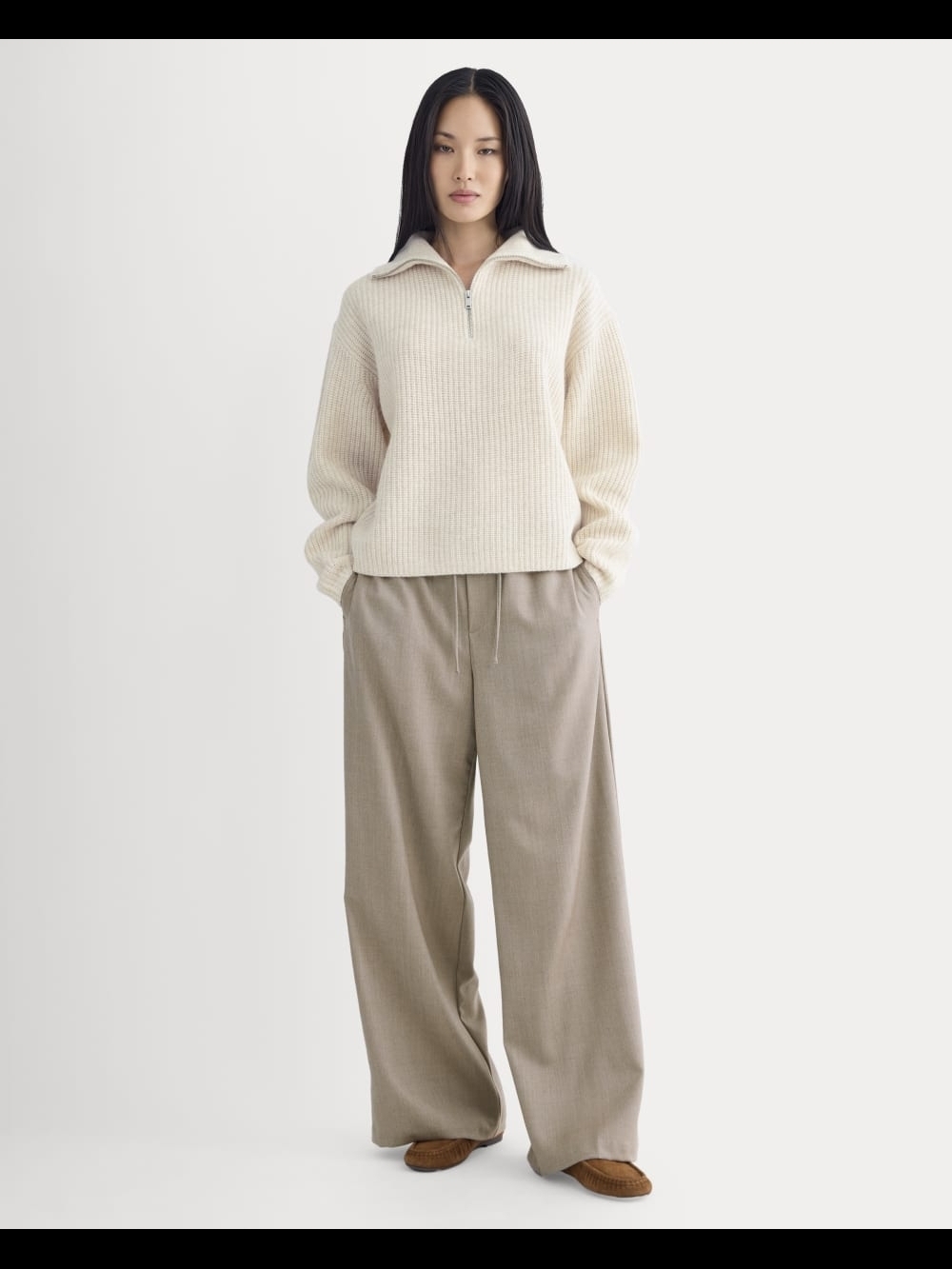 Everlane The Felted Merino Wool Half-Zip Sweater in Oatmeal - Size S - Picture 2 of 10